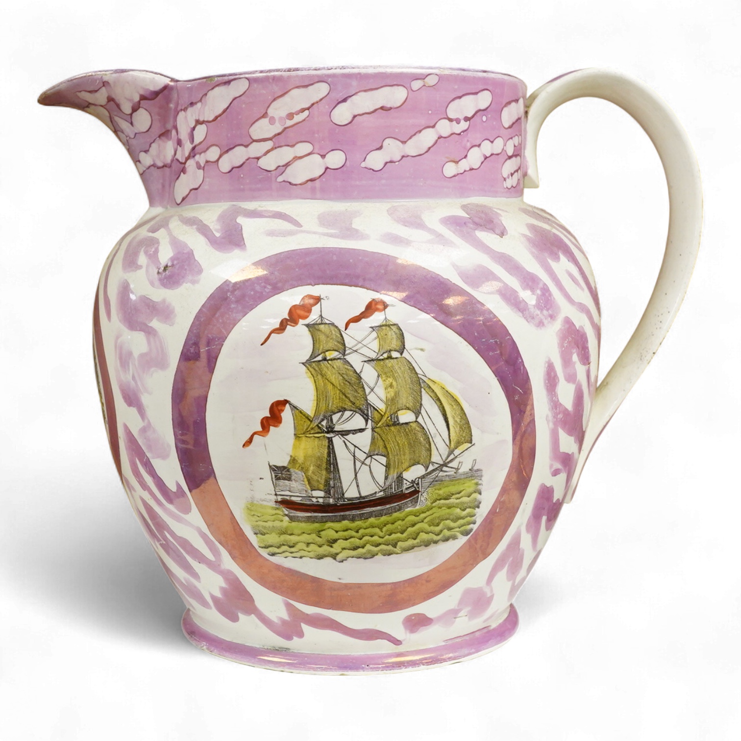 An early 19th century Sunderland pearlware and pink lustre jug, river weir bridge, 24cm high